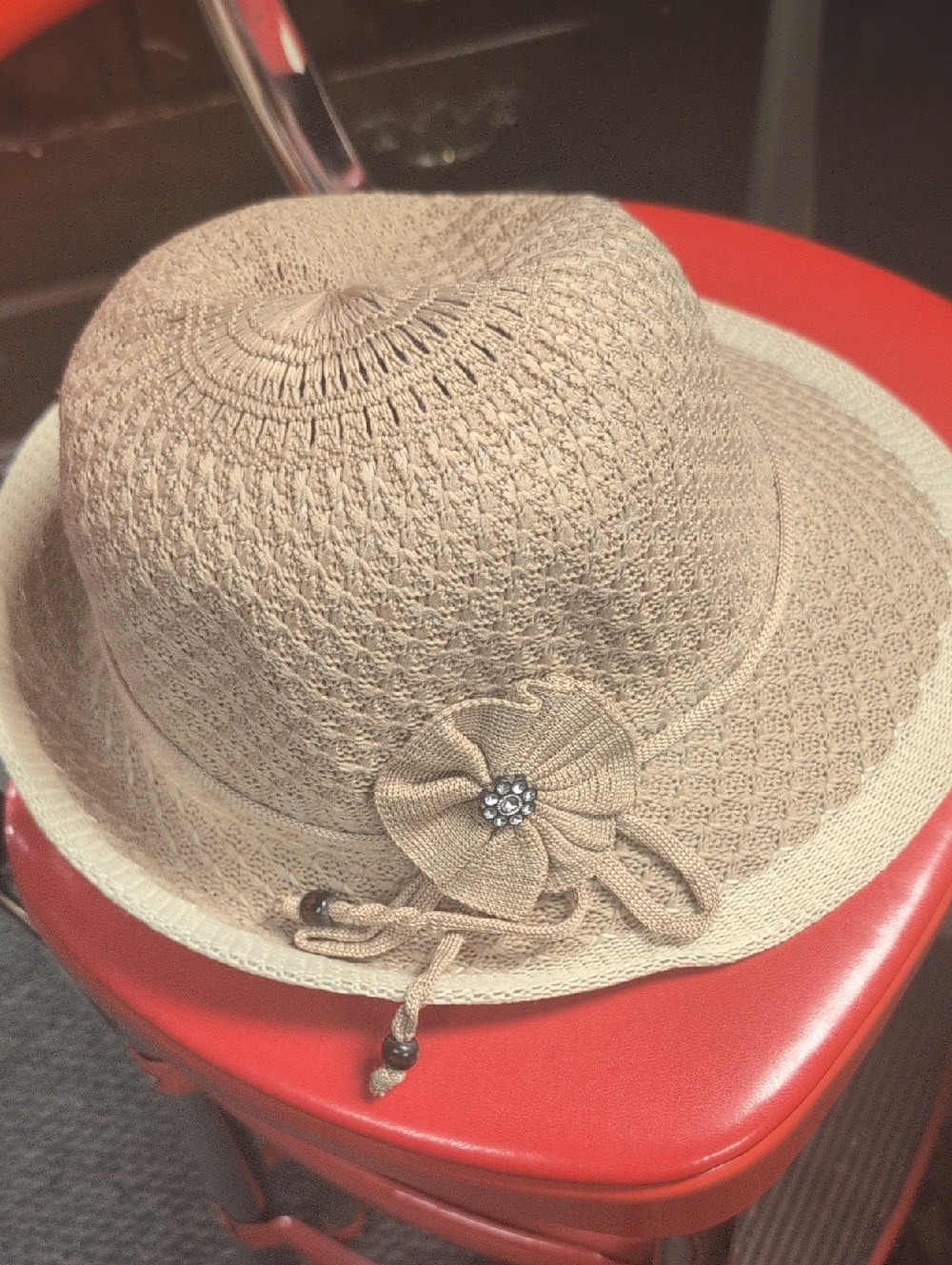 Women's Beige Woven Sun Hat with Floral Accent